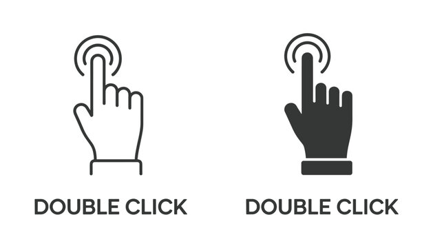 Double Click Icon: Two minimalist icons depict a finger performing a double-click action on a touchscreen. user interface, touch screen, digital interaction.