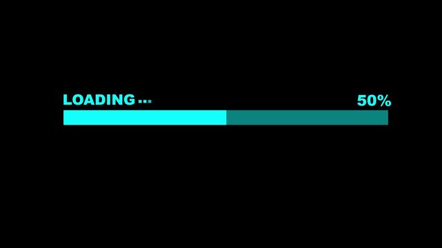 Animated minimal icon overlay of loading progress bar filling from 0 to 100 percent on black background. Symbol of download, update, buffering or digital loading screen.4k video.