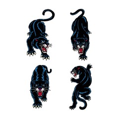 Traditional black panther tattoo vector illustration set © Anntoz