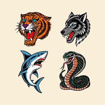 Traditional predator animal heads tattoo vector set