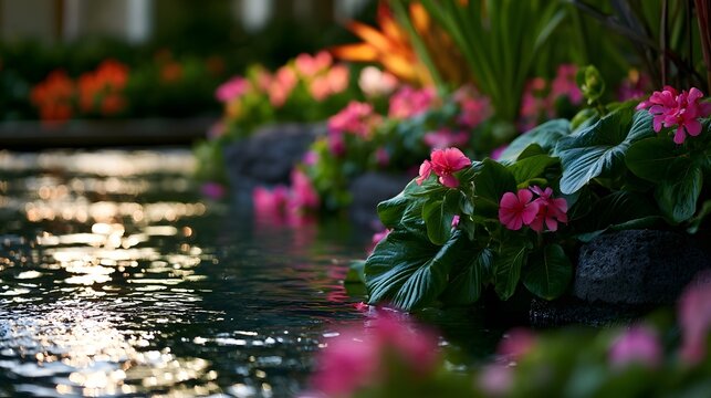 A peaceful spa environment featuring lush greenery vibrant blooms and sparkling reflections creating a tranquil atmosphere