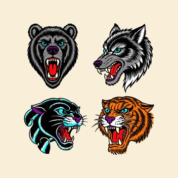 Traditional predator animal heads tattoo vector set