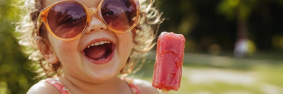 Wide banner of happy child eating red popsicle outdoors, summer, childhood, fun, refreshment