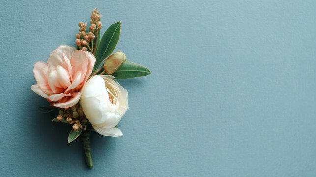 floral boutonniere on dusty blue background