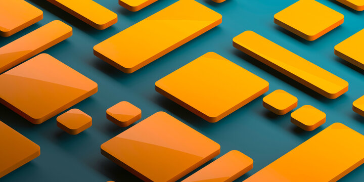 Isometric orange rounded rectangles pattern on teal background for interface banner and product presentation layouts .3d render