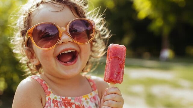 Happy little child with sunglasses eating red popsicle in park, summer, childhood, joy, refreshment