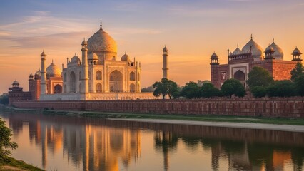 Fototapeta premium Taj Mahal mausoleum at sunset reflected in Yamuna river