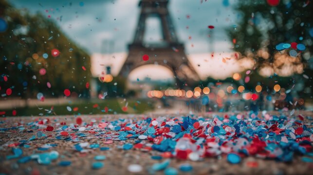 Colorful red, white, and blue confetti scattered across wet pavement near the Eiffel Tower in Paris during a rainy festive celebration, evoking patriotic French national pride.