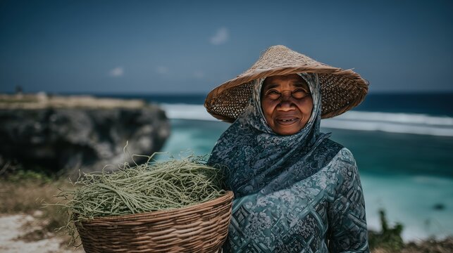 Smiling seaweed female harvester holding a basket full of freshly gathered seaweed by the rocky tropical coast