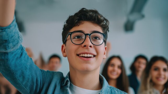 A Hispanic teenage boy wearing glasses raises his hand eagerly in a classroom, smiling confidently among peers in the background, conveying enthusiasm and active student engagement.