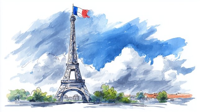 Watercolor illustration of the Eiffel Tower with a French flag waving proudly at its peak against a vivid blue cloudy sky, evoking French national pride and iconic Parisian charm.