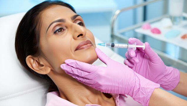 A South Asian woman reclines during a cosmetic facial injection procedure, administered by gloved hands holding a syringe, in a clinical aesthetic salon setting reflecting modern beauty wellness.