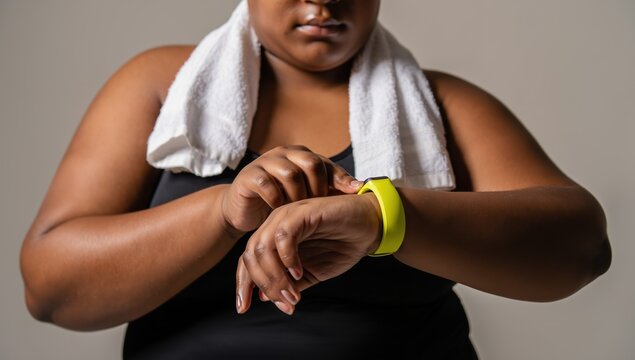 An African American plus-size woman checks her fitness tracker after a workout, wearing black athletic gear and a white towel, embracing body-positive wellness and active health monitoring.