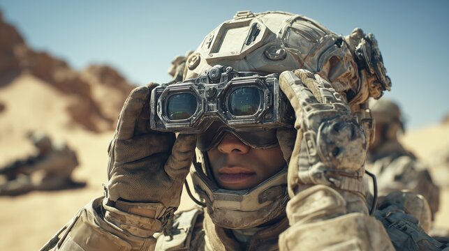An African American soldier in tactical gear and helmet adjusts protective goggles during a desert combat mission, conveying intense focus and military readiness in an arid environment.