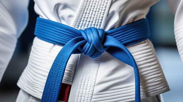 A blue belt tied around a white gi uniform representing rank and discipline in martial arts training, symbolizing dedication, progress, and athletic achievement in combat sports.
