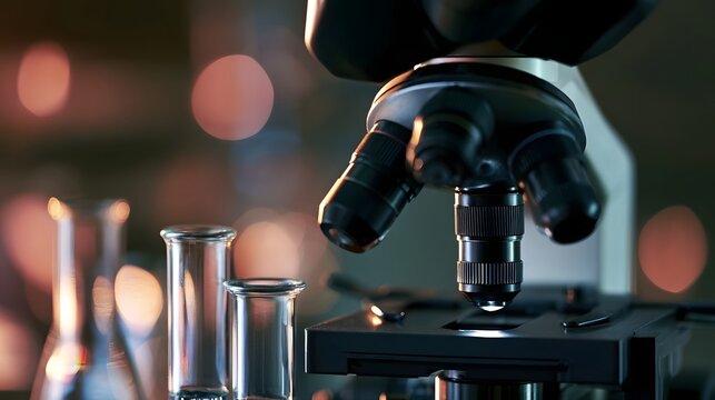 A dramatic low angle view of a modern microscope and test tubes with sparkling reflections and earthy textures