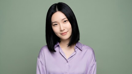 Fototapeta premium Young asian woman with a sleek black bob hairstyle wearing a lilac collared shirt posing against a soft green background