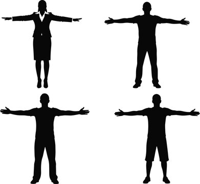 Human silhouettes in T-pose with diverse clothing styles, vector illustration for posture, proportion, fashion, and creative design projects