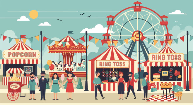 A vibrant illustration of a lively fair with people, rides, and games