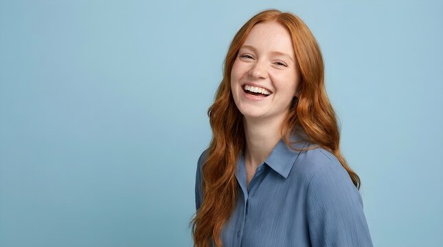 Young woman with long wavy ginger hair laughing joyfully while wearing a blue shirt against a solid light blue background