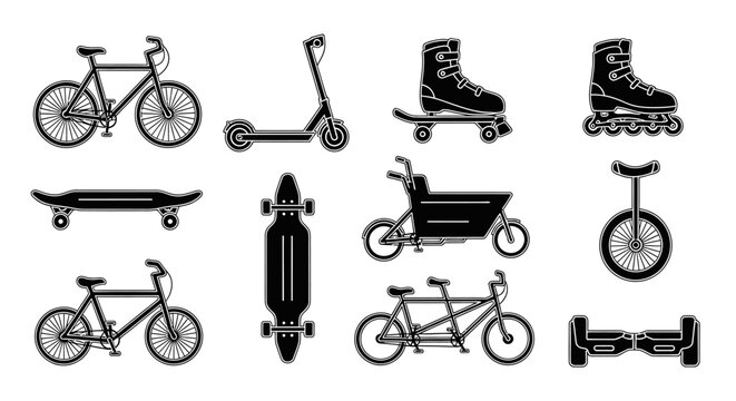 Collection of diverse personal transport vehicle icons and silhouettes