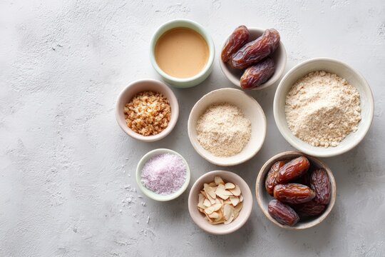 Overhead flat lay of vegan baking ingredients with dates tahini almond flakes oat flour and sea salt for recipe background and healthy dessert design