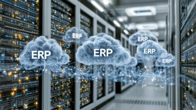 Cloud technology supports ERP systems in a data center with servers and digital graphics showing connections and data flow