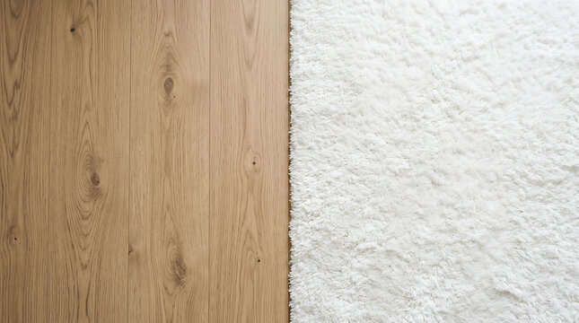 Top view of natural oak wood flooring next to soft white plush carpet rug