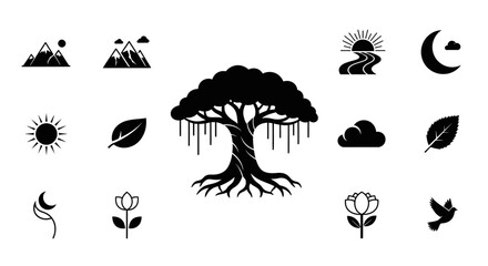Fototapeta premium Collection of nature icons and symbols in silhouette style