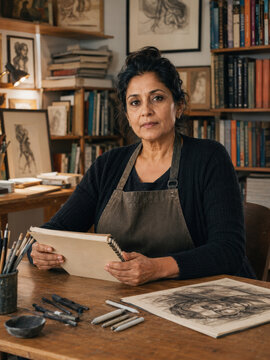 Mature female artist holding a sketchbook and sitting at a table with drawing tools in a cozy studio. She appears calm and focused surrounded by sketches and books.