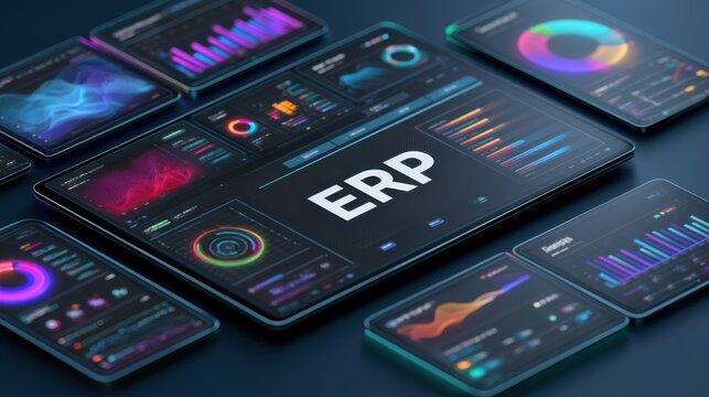 Display of ERP software showing various data visualizations and statistics on multiple screens