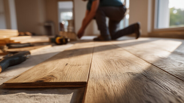 Close-up of laminate flooring installation in a residential interior with a flooring installer working in the background. Home renovation, interior remodeling and flooring installation concept.