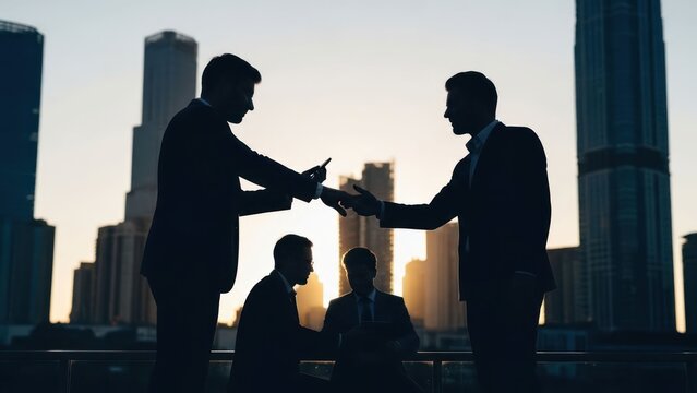 Silhouetted businessmen exchange objects against a city skyline at sunset