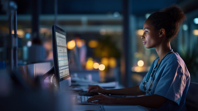 Focused nurse using a computer during a night shift in a modern hospital. Electronic medical records, healthcare technology, patient data management and professional clinical workflow.