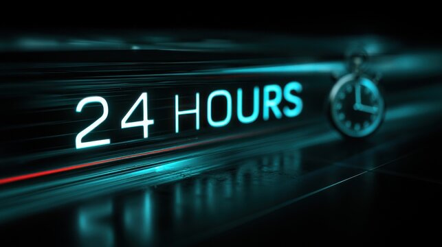 Countdown clock shows 24 hours in digital format with glowing blue light in a dark background