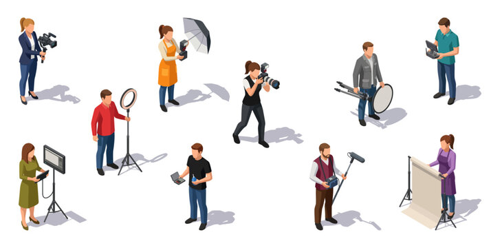 Photography and videography crew character set with professional media production staff | Isometric vector flat illustration