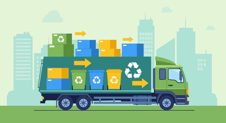 Fototapeta premium Recycling Truck Collecting Waste Bins in Urban Environment Illustration