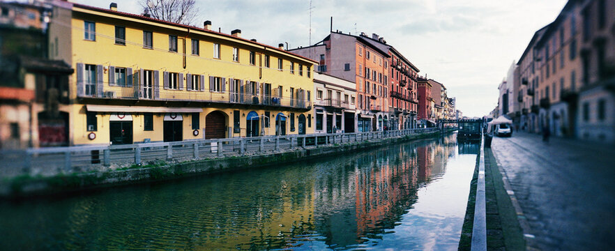 Panoramic view of the Naviglio Grande, one of the historic canals in the Navigli district of Milan, Italy, Europe