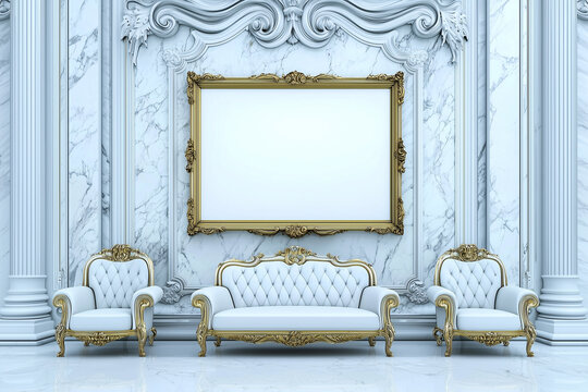 Baroque interior with gold picture frame mockup, white marble wall background, classic luxury furniture set with sofa and armchairs