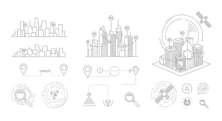 Naklejka premium Modern cityscape icons and futuristic technology elements set