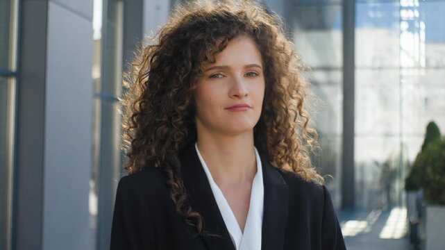 Portrait Caucasian business woman shaking head no negative answer dissatisfied businesswoman female girl employer professional specialist looking camera reject deny refuse disagree in city downtown