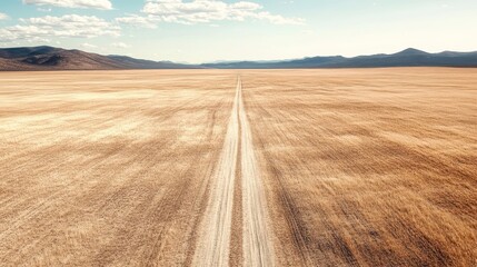 Obraz premium A long, straight dirt road stretches across a vast, barren desert plain under a clear blue sky