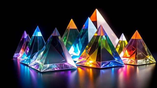 Crystal pyramids reflect light on a dark surface, creating a vibrant, colorful glow