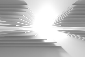 Obraz premium Minimal white layered stairway corridor with floating steps and bright central light for modern wallpaper and background design.3d render