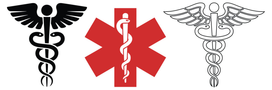 Medical symbols, caduceus and star of life icons for healthcare, emergency services, hospitals, ambulances and medical communication.