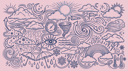 Naklejka premium Weather icons and seasonal climate symbols doodle pattern with hand drawn meteorology lightning temperature forecast environment background atmosphere meteorological elements