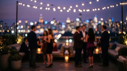 Fototapeta premium Blurred rooftop party night city skyline bokeh lights people social event gathering urban evening celebration luxury lifestyle background