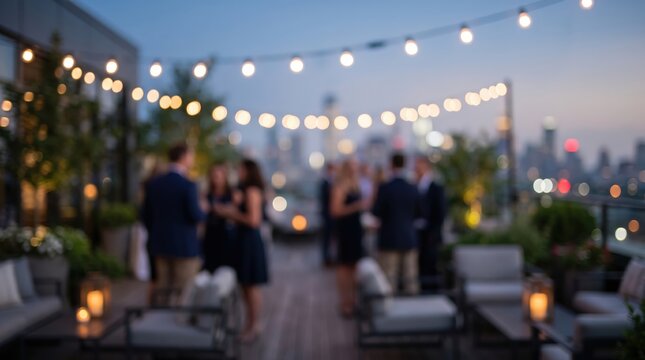 Blurred rooftop party bokeh city skyline background evening string lights crowd people social event luxury lounge terrace networking outdoor