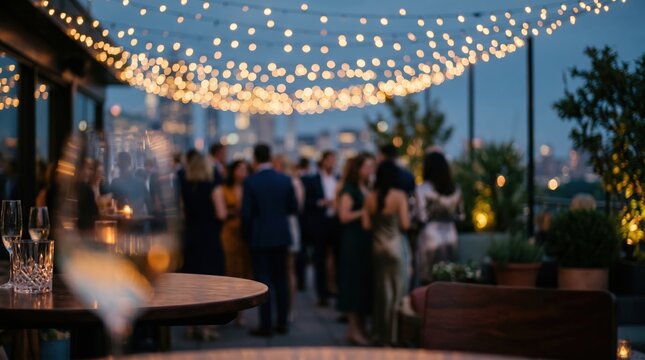 Rooftop social event bokeh background outdoor evening celebration string lights city skyline luxury nightlife cocktail gathering atmosphere