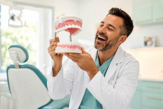 A dentist in a white coat smiles while holding a dental model in a bright clinic. Dental education and patient care.